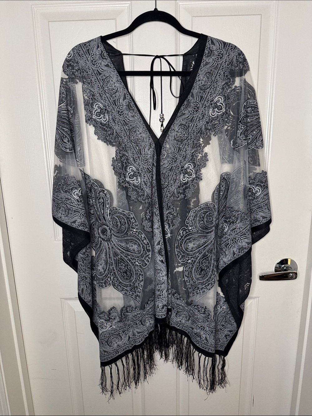 Sheer Black & Gray Paisley Fringe Swim Coverup/Top